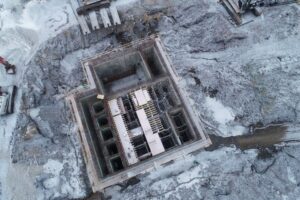 A photo showing construction work in the winter at new waste water treatment plant.