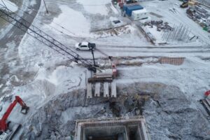 A photo showing construction work in the winter at new waste water treatment plant.