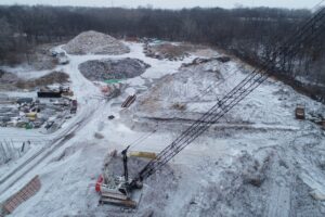A photo showing construction work in the winter at new waste water treatment plant.