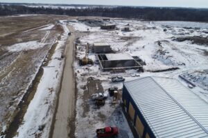 A photo showing construction work in the winter at new waste water treatment plant.