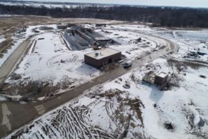 A photo showing construction work in the winter at new waste water treatment plant.