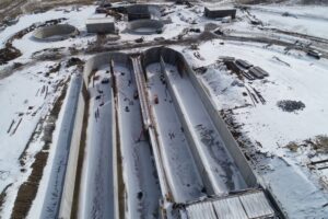 A photo showing construction work in the winter at new waste water treatment plant.