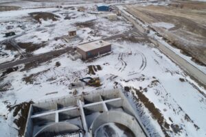 A photo showing construction work in the winter at new waste water treatment plant.
