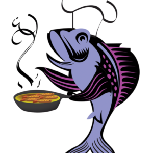 A fish holding a frying pan art piece