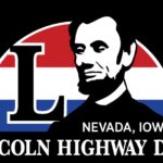 Lincoln Highway Days logo showing Abe Lincoln a big L and the words Nevada, Iowa on black with red, white and blue colors