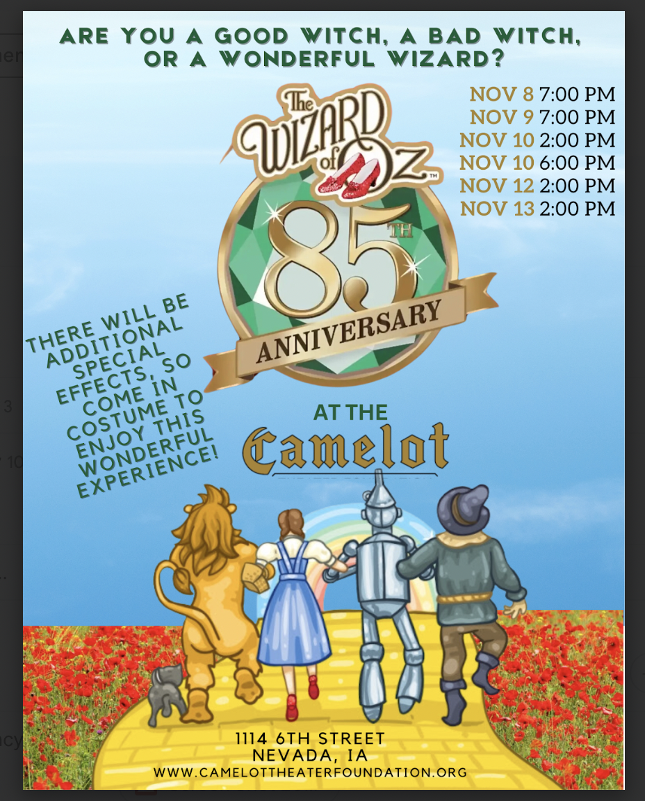 poster showing 85th anniversary of Wizard of Oz and times it will be at Camelot theater