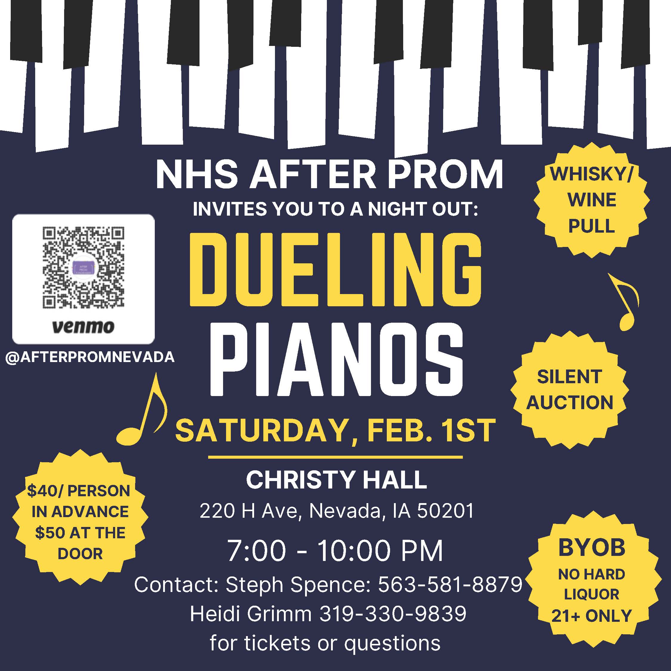 A flyer with information on how to buy tickets to the Dueling Piano event.