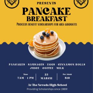 pancake breakfast flyer that gives date, time, and place, plus picture of pancakes!