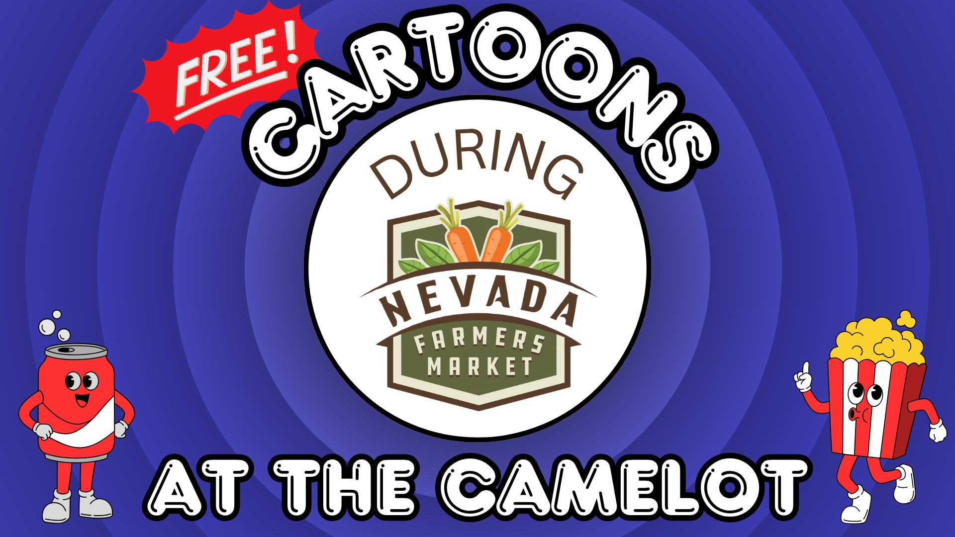 Red and Blue Cartoon art with farmers market logo