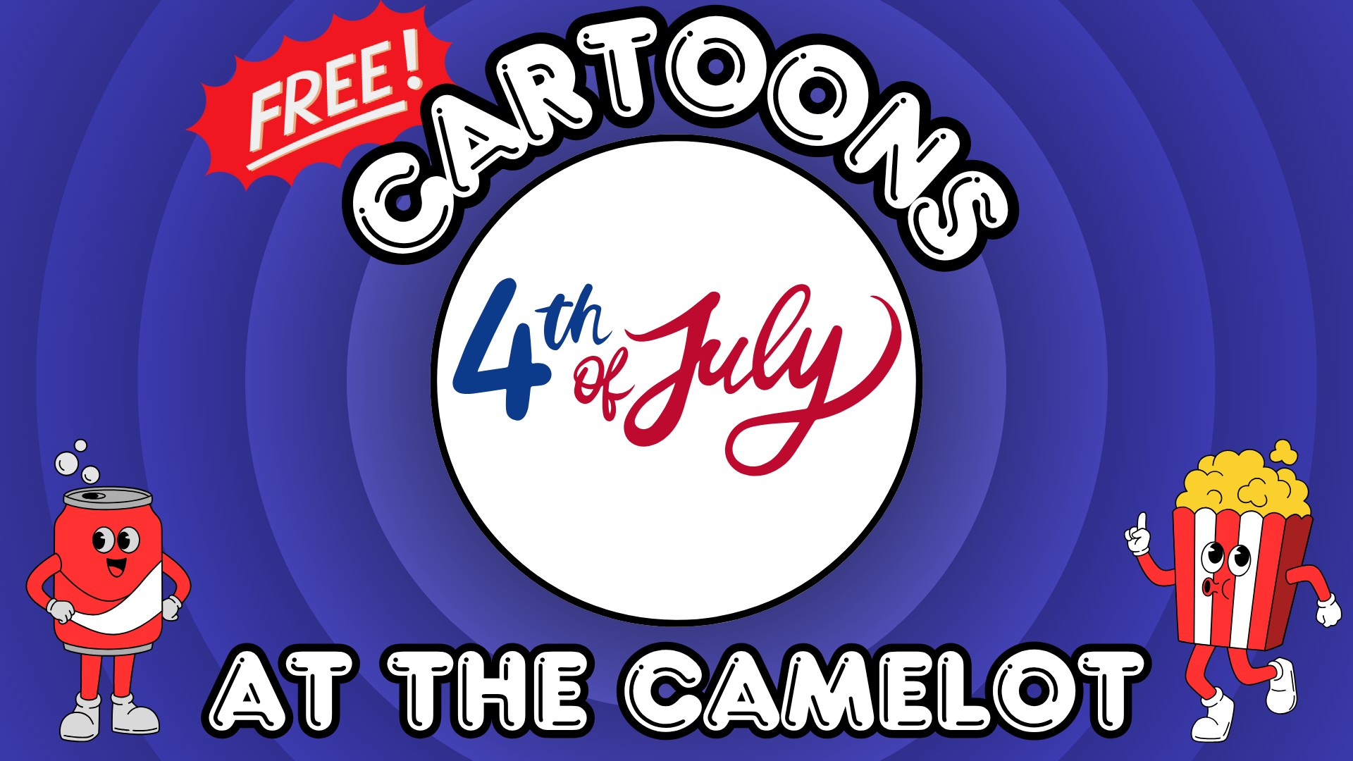 Cartoons at the Camelot artwork in blue and red