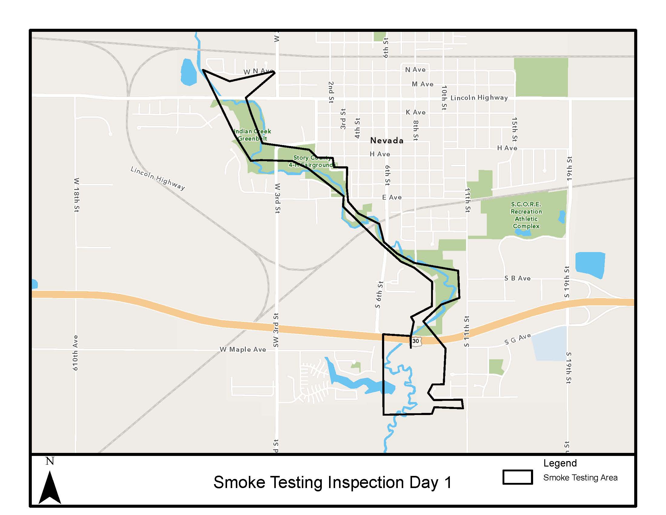 smoke testing map showing indian creek trunk line
