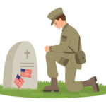 Memorial Day graphic with soldier by a tombstone