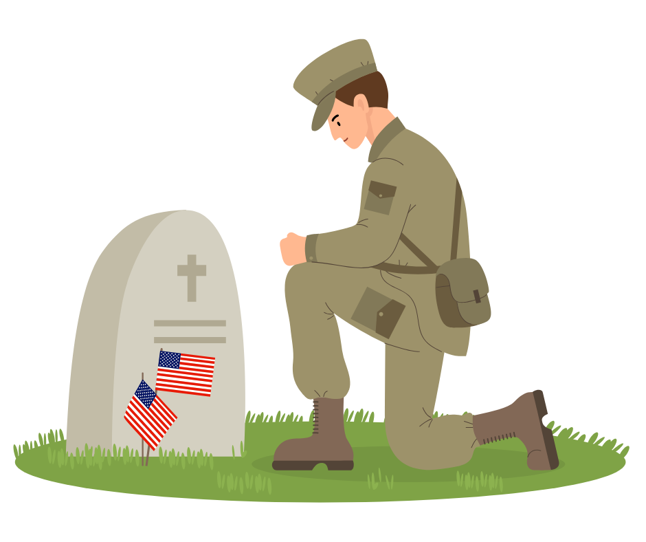 Memorial Day graphic with soldier by a tombstone