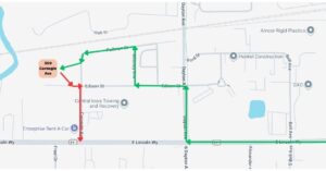 Map shows how Nevada residents can get to site going to Dayton Avenue, north to Edison Street, west to Whitney Avenue, north to Pullman Street, and west to 309 Carnegie. Then exiting to Edison Street and south on Carnegie Avenue to Lincolnway.