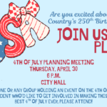 flyer showing USA in red and blue letters and an announcement of a planning meeting for April 30, 6 p.m., at City Hall