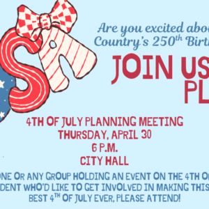 flyer showing USA in red and blue letters and an announcement of a planning meeting for April 30, 6 p.m., at City Hall