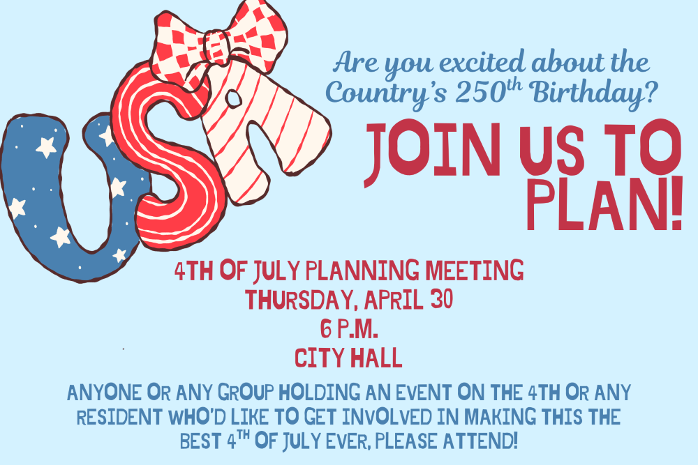 flyer showing USA in red and blue letters and an announcement of a planning meeting for April 30, 6 p.m., at City Hall