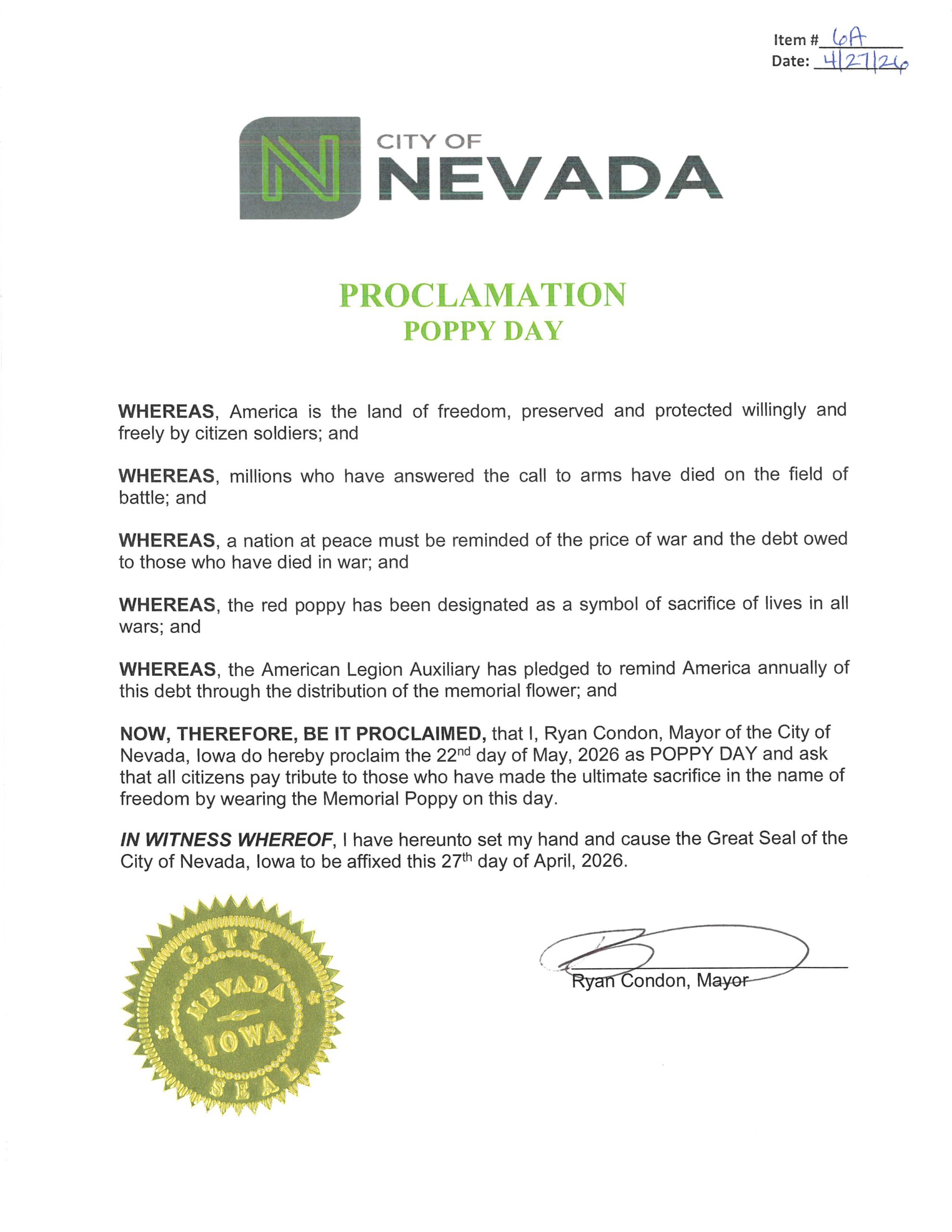 Mayor Signs Proclamation for Poppy Day | City of Nevada, Iowa