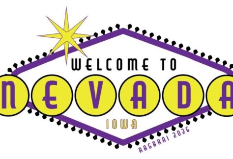 Graphic for RAGBRAI coming to Nevada, that resembles a Vegas sign.
