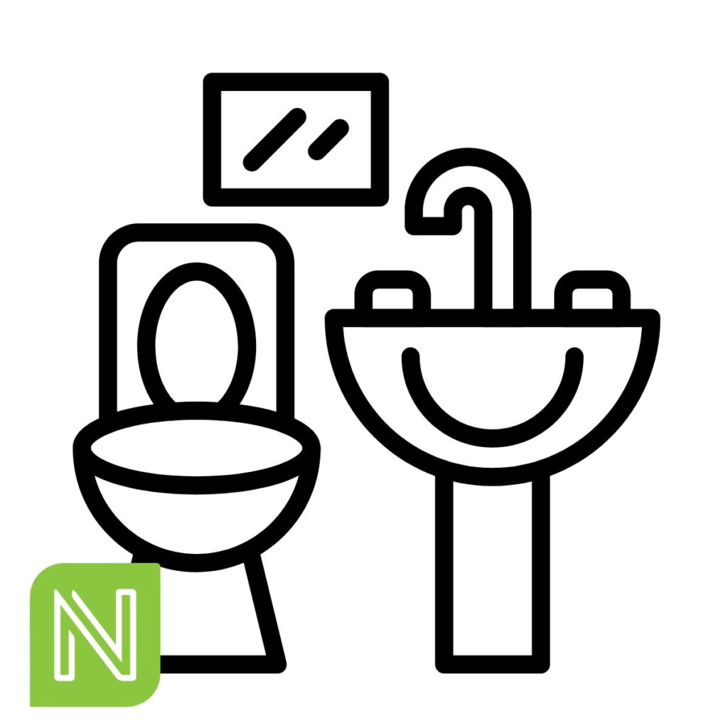 graphic showing a toilet, sink and mirror