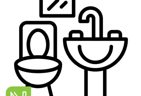 graphic showing a toilet, sink and mirror