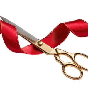 graphic of a red ribbon and gold scissors
