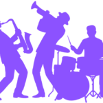 graphic showing a saxophone player, trumpet player and drum player