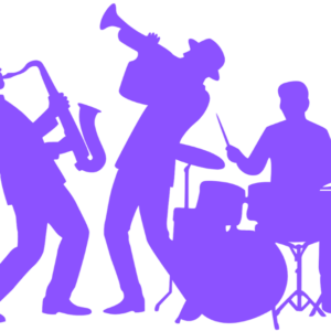 graphic showing a saxophone player, trumpet player and drum player