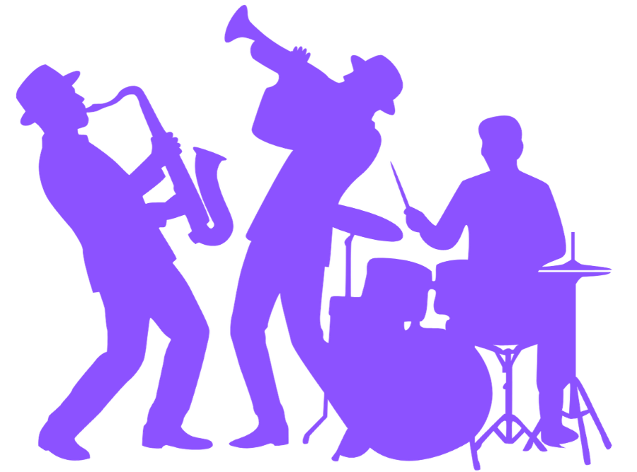graphic showing a saxophone player, trumpet player and drum player