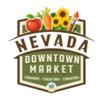 Nevada Downtown Market logo with the words and fresh produce, flowers, on it. And the words "Farmers, Curators, Creators"