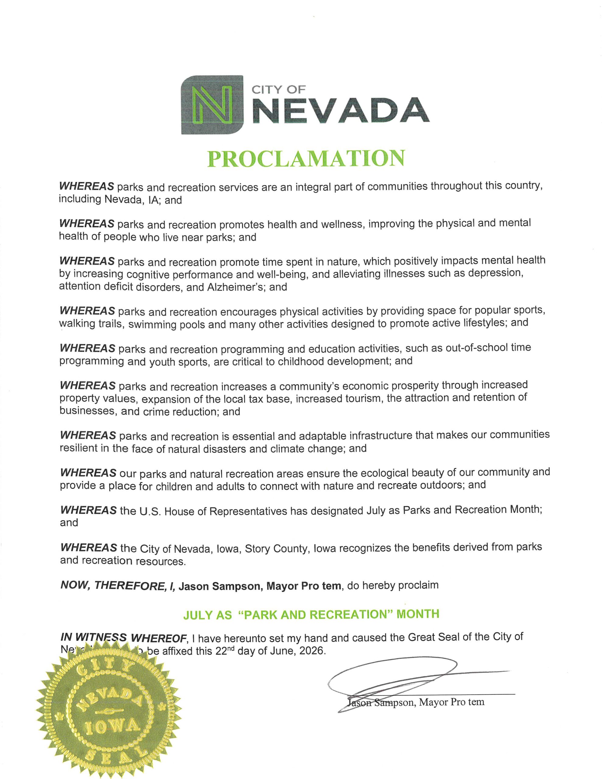 Proclamation for Parks and Recreation Month as signed by Mayor Pro Tem Jason Sampson.