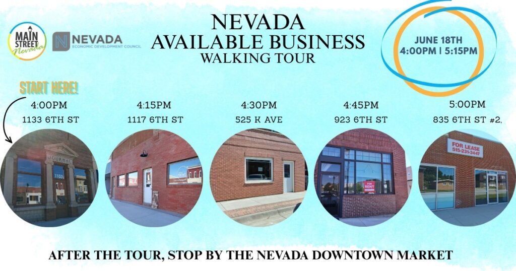 Graphic about the walking tour and pictures of five businesses fronts that are available.