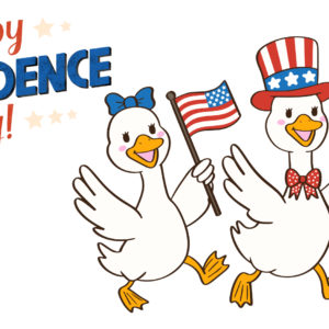 Graphic showing Happy Independence Day with three patriotic ducks.