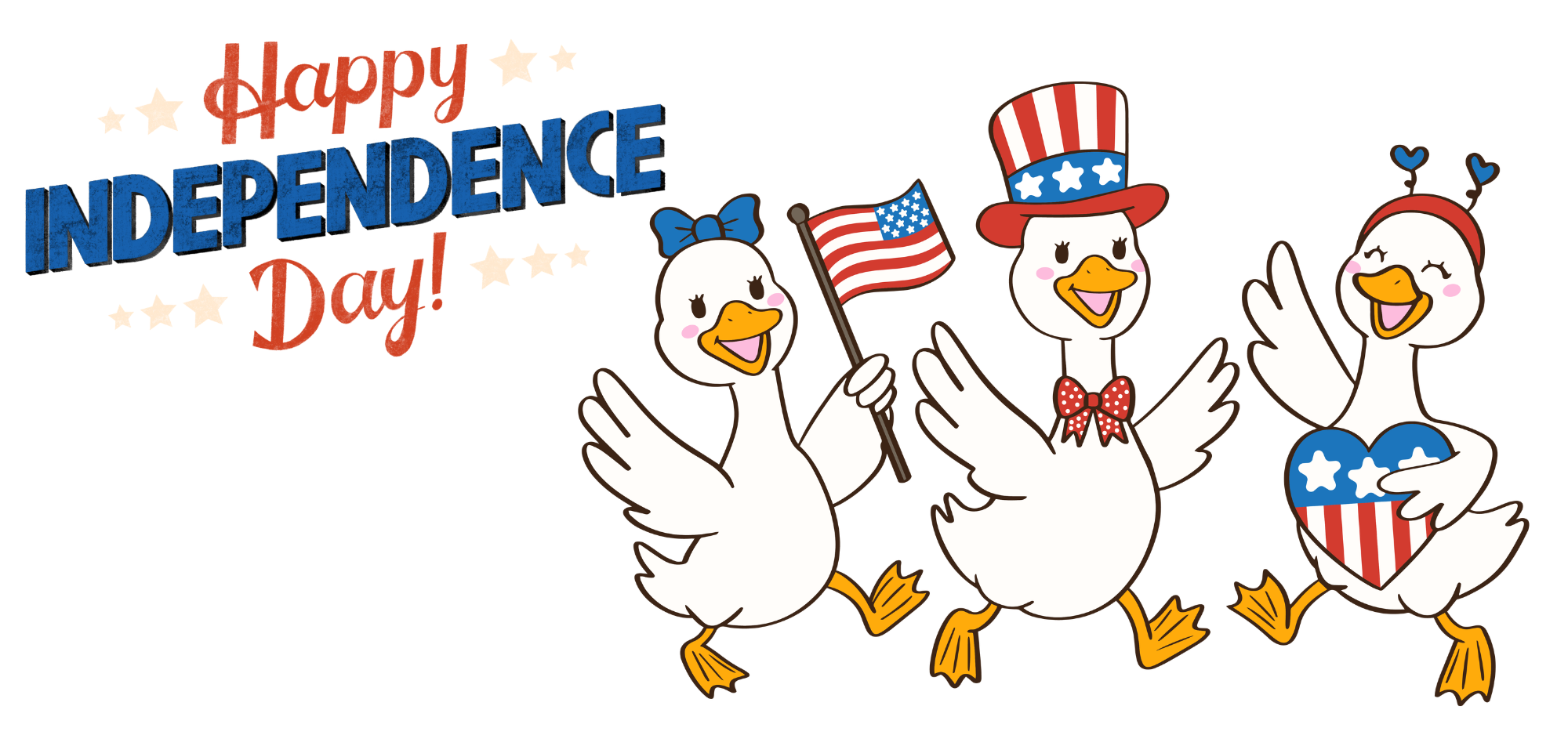 Graphic showing Happy Independence Day with three patriotic ducks.