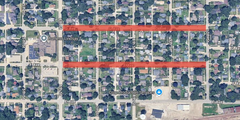A map highlighting F and G Avenues from 6th to 10th Street.