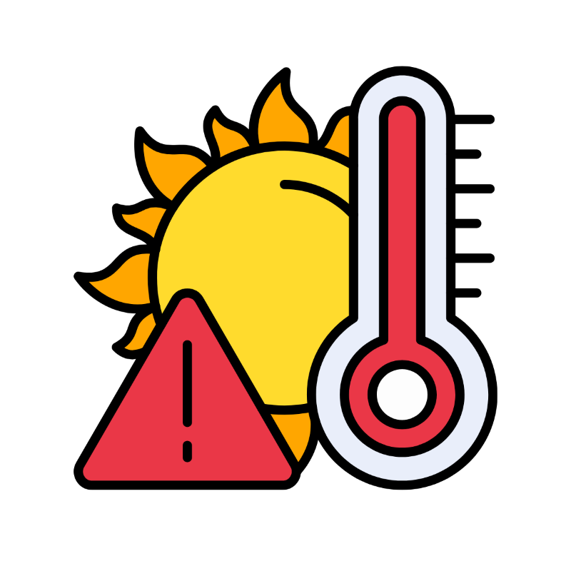graphic that shows the sun, a hot thermometer and a warning symbol about excessive heat